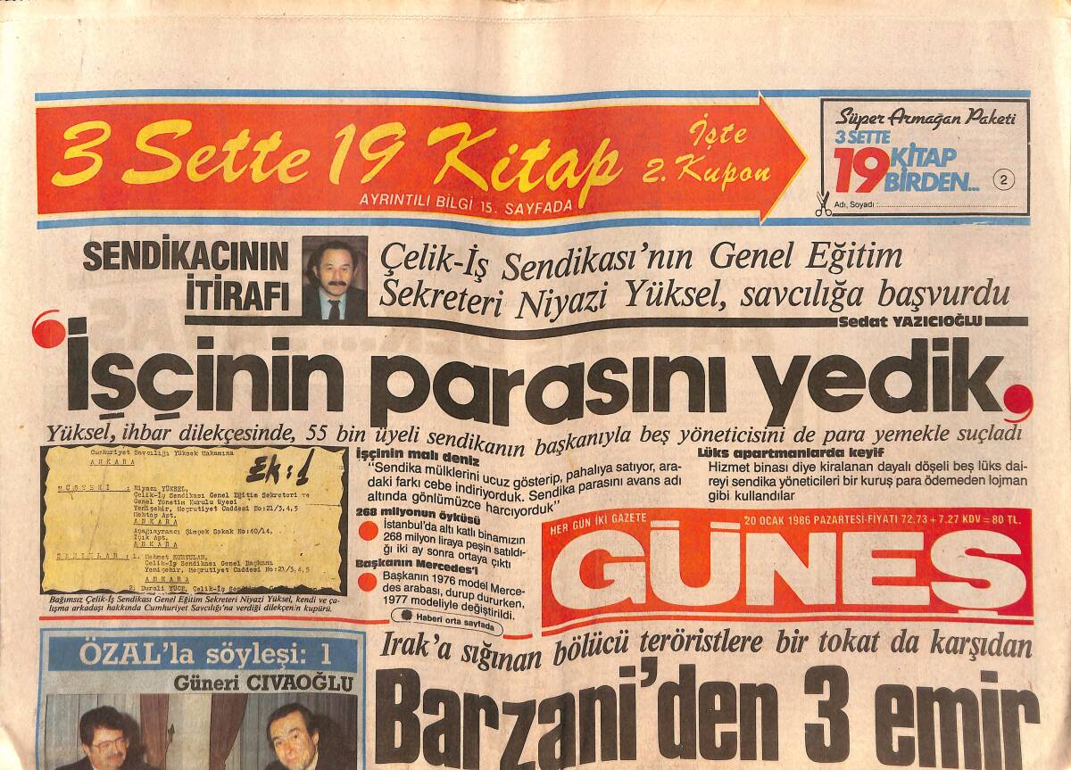 Güneş Gazetesi 20 Ocak 1986 - Barzani'den 3 Emir - Kupa Beşiktaş'ın - YÖK Yüzünden Şarkıcı Oldu GZ151530 - 1