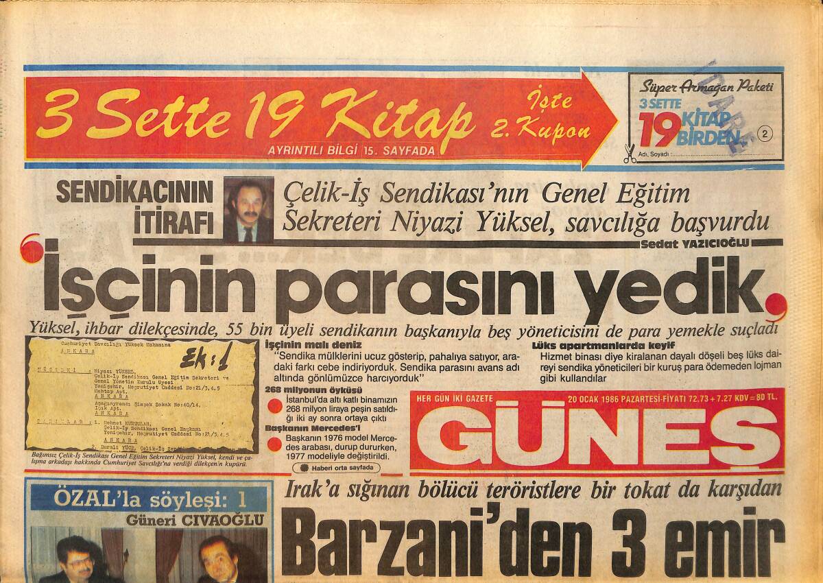 Güneş Gazetesi 20 Ocak 1986 - Kupa Beşiktaş'ın - Tarım Kredileri Yüzde Yüz Arttı GZ157721 - 1