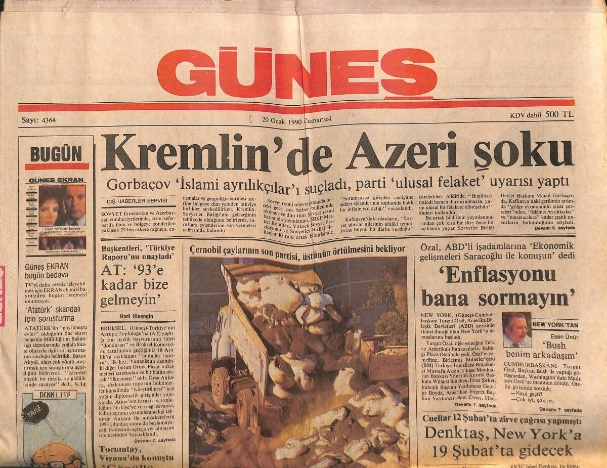 Güneş Gazetesi 20 Ocak 1990 - Arhavi Çay Fabrikasında Radyasyonlu Gül Bahçesi - Yılmaz Güney'in Umut Filmine Sansür Kalktı GZ149207 - 1