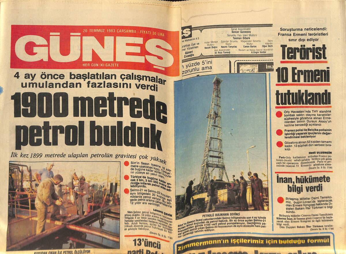Güneş Gazetesi 20 Temmuz 1983 - 1900 Metrede Petrol Bulduk - Manken, Christie Brinkley Dünyanın En Çok Para Kazanan Kadını GZ133940 - 1