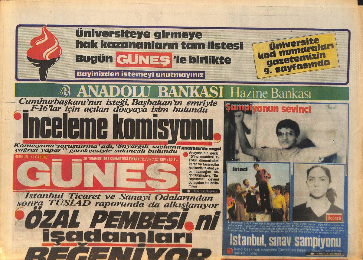 Güneş Gazetesi 20 Temmuz 1985 - Vahdet Vural, Gönül Yazar Gazino Afişi - Yargıç 3 Ay Hapse Çaptırılan Samet Aslan'ı İsteyecek GZ158195 - 1