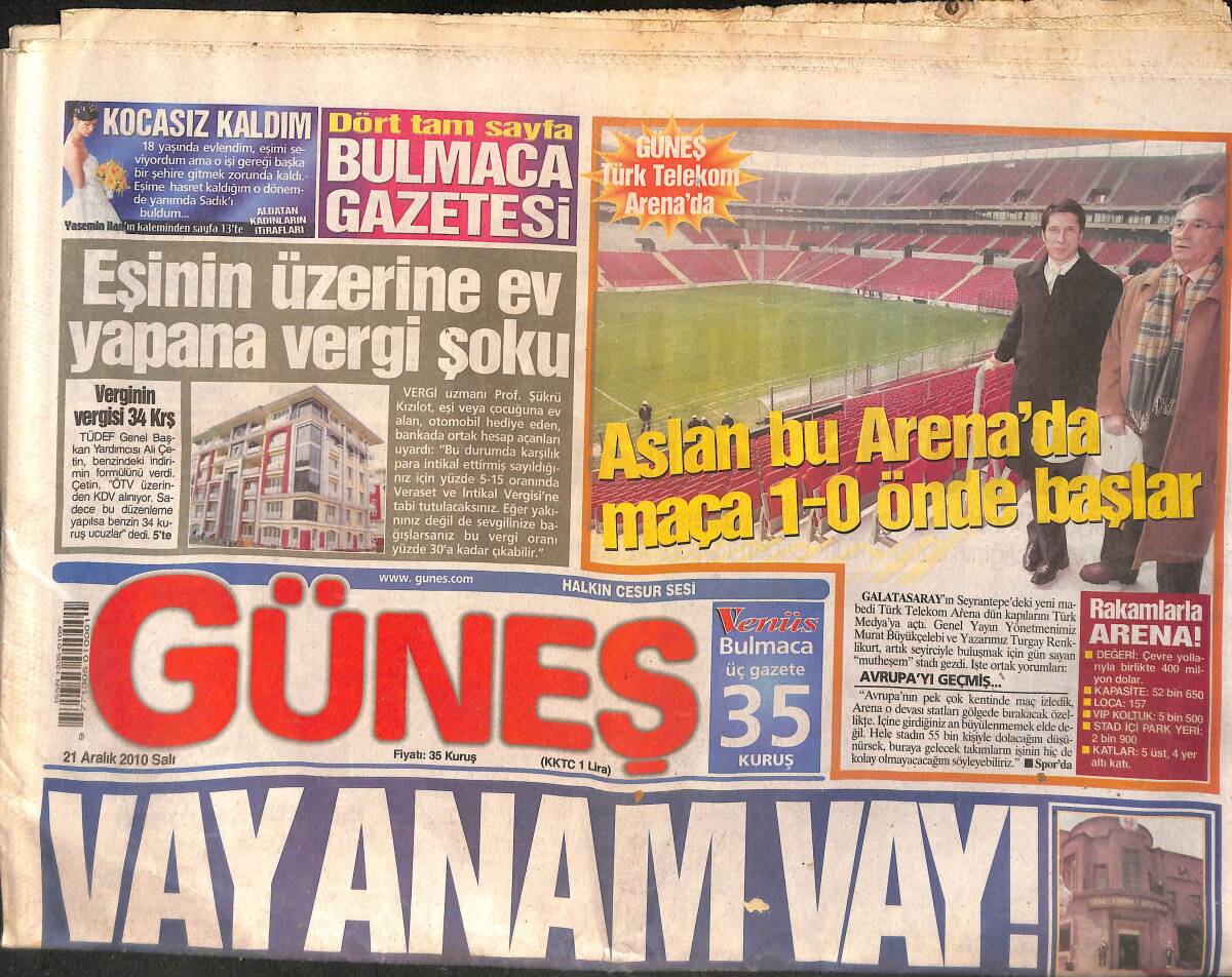 Güneş Gazetesi 21 Aralık 2010 - Eşinin Üzerine Ev Yapana Vergi Şoku - Ünlü Tenisçi Caroline Wozniachi THY'nin yeni Yüzü Oldu GZ158435 - 1