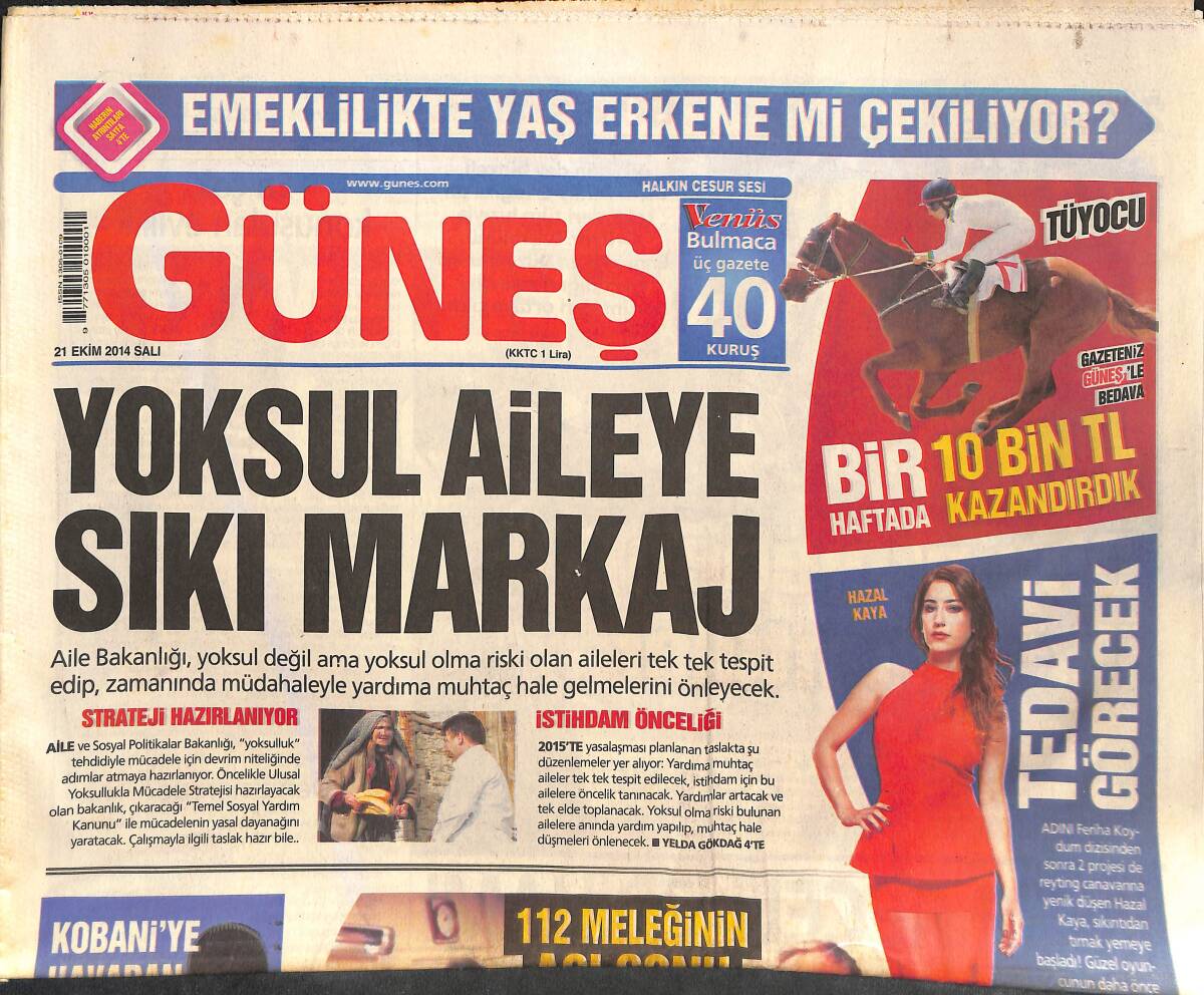 Güneş Gazetesi 21 Ekim 2014 - Futbolcuyu Öldüren Takla - Bu Yasa Yoksulluğu Bitirir - Hazal Kaya Tedavi Görecek GZ135513 - 1