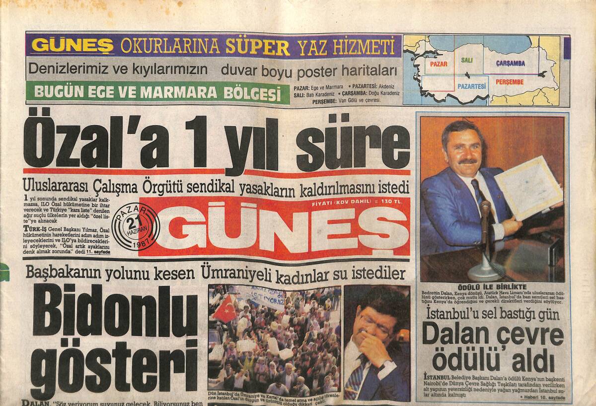 Güneş Gazetesi 21 Haziran 1987 - Özal'a 1 Yıl Süre - Ermeni Terörü Pusuda - Başbakanın Yolunu Kesen Ümraniyeli Kadınlar Su İstediler GZ151434 - 1