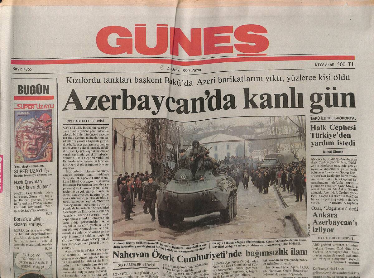 Güneş Gazetesi 21 Ocak 1990 - Nahcıvan Özerk Cumhuriyeti'nde Bağımsızlık İlanı - Azerbaycan'da Kanlı Gün GZ149206 - 1