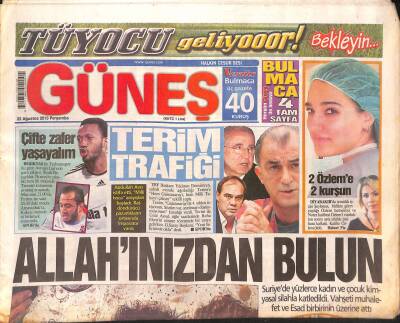 Güneş Gazetesi 22 Ağustos 2013 - Terim Trafiği - ABDye Sert Cevap GZ124657 - 1