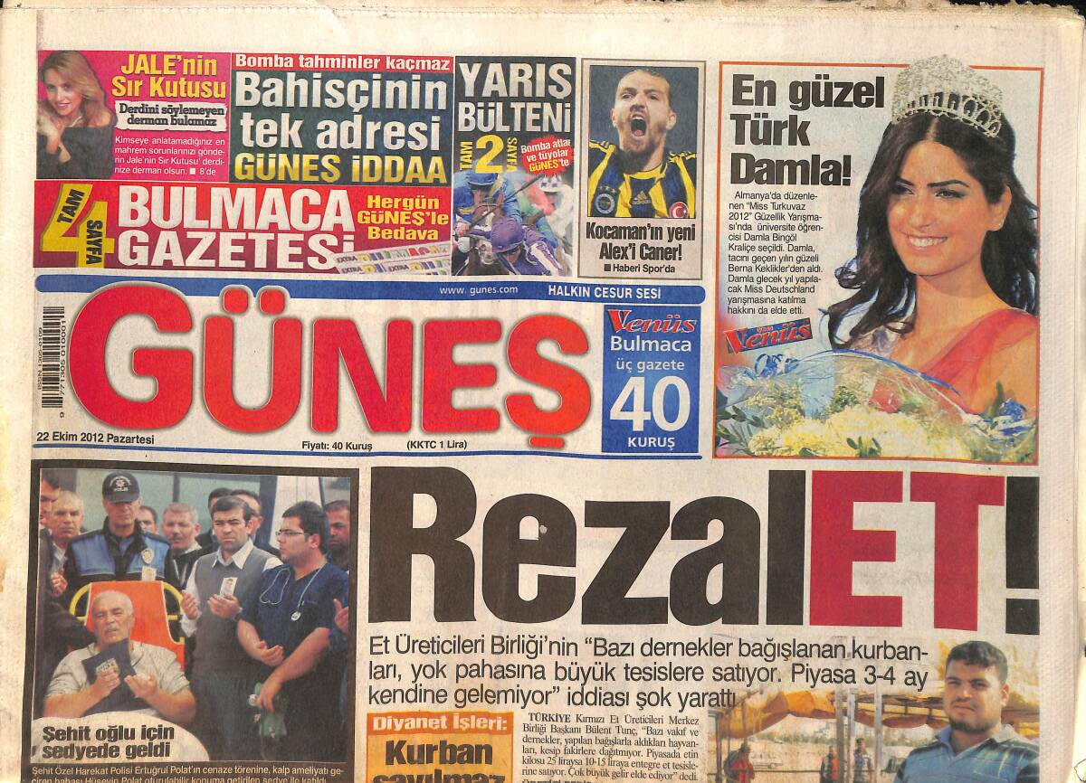 Güneş Gazetesi 22 Ekim 2012 - Almanya'da Düzenlenen Güzellik Yarışmasında Damla Bingöl Kraliçe Seçildi - Erdoğan 