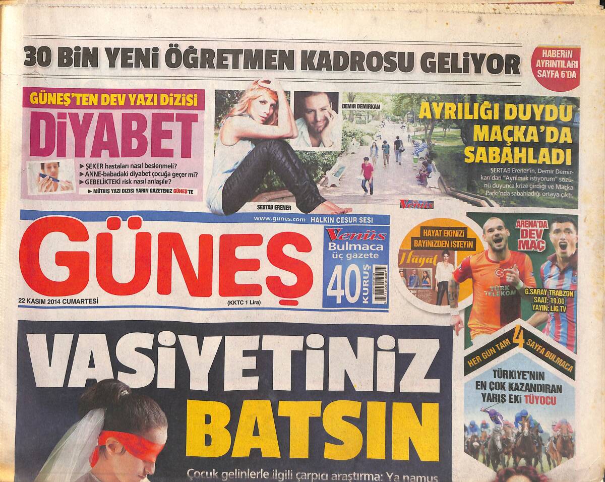 Güneş Gazetesi 22 Kasım 2014 - 30 Bin Yeni Öğretmen Kadrosu Geliyor - Kara Kıta'ya Paralel Uyarı GZ135641 - 1