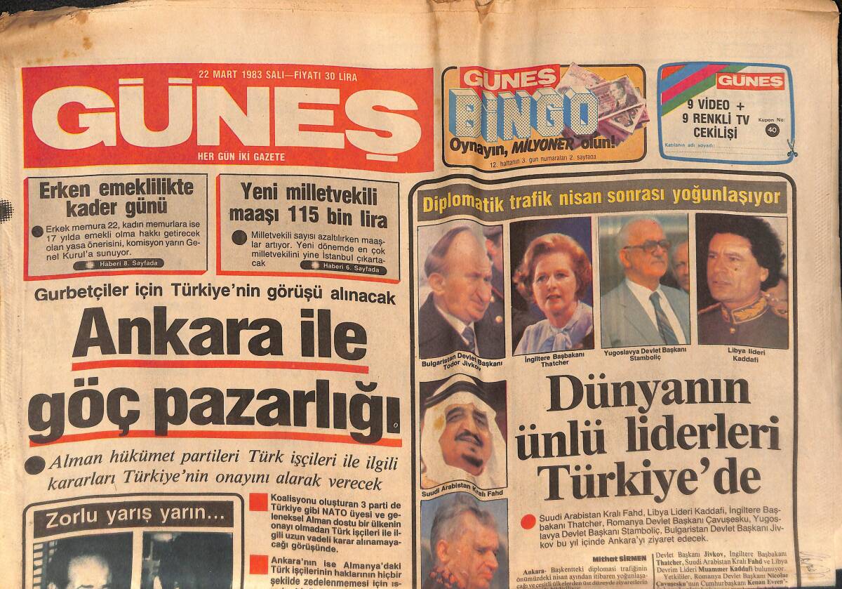Güneş Gazetesi 22 Mart 1983 - Alman Hükümeti İle Ankara İle Göç Pazarlığı Yapılacak - Mete Sezer Ve Defne Yalnız Evinde Bıçaklandı GZ132372 - 1