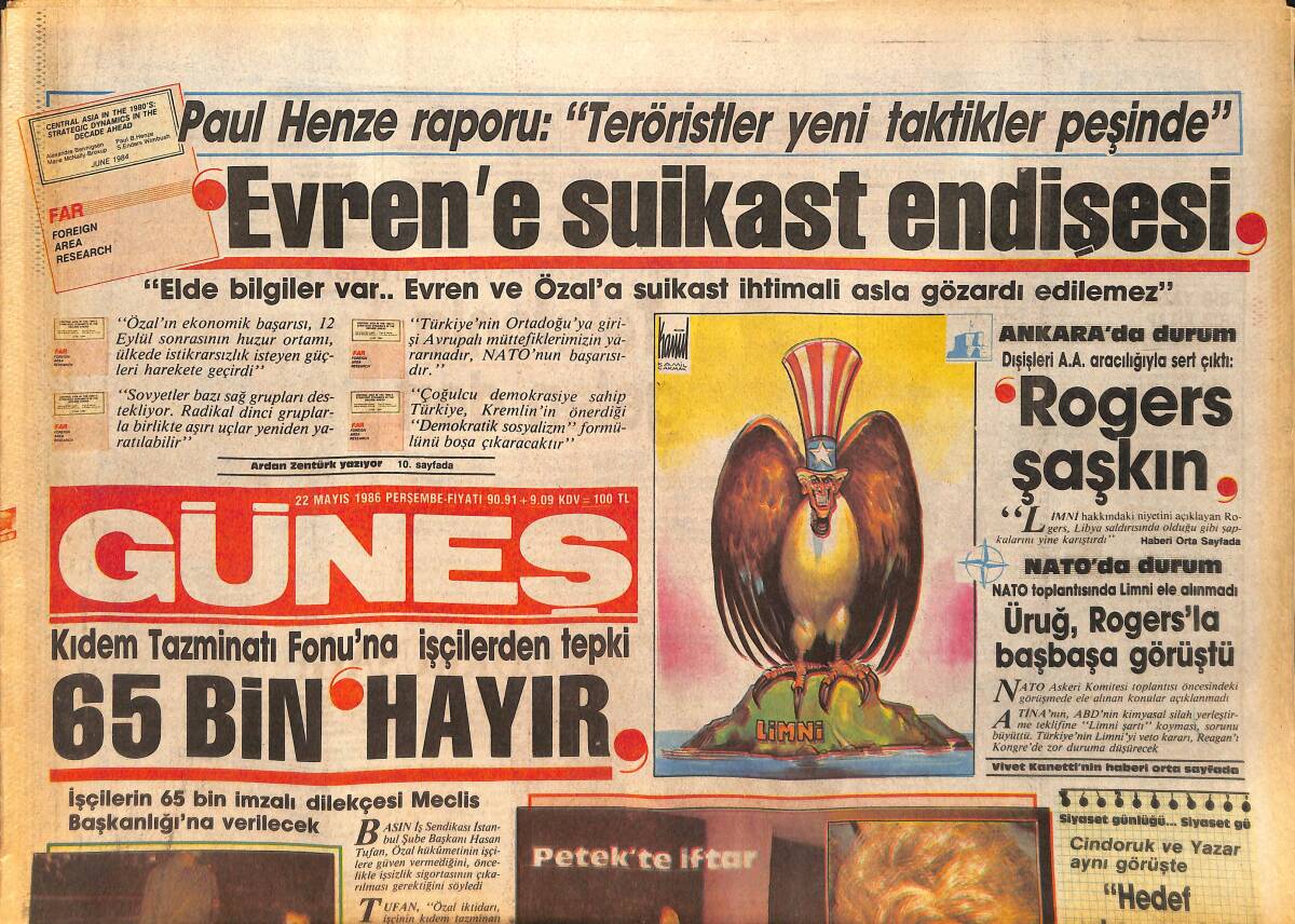 Güneş Gazetesi 22 Mayıs 1986 - Evren ve Özal'a Suikast Endişesi - Yıldız Tezcan Kaset Afişi GZ158294 - 1