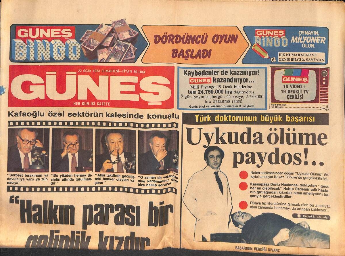 Güneş Gazetesi 22 Ocak 1983 - THY'de Olağanüstü Hal İlan Edildi - Türk Tütününe Hücum GZ134448 - 1