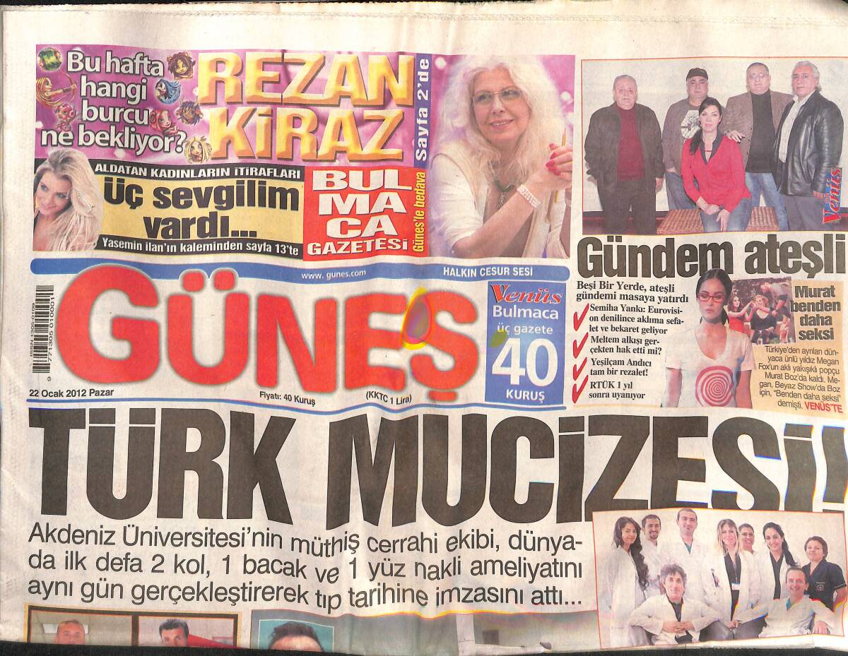 Güneş Gazetesi 22 Ocak 2012 - Türk Mucizesi - Megan Fox'un Aklı Murat Boz'da Kaldı - Marilyn Hayat Buldu - Rihanna Hawai'de Sörf Keyfinde GZ137774 - 1