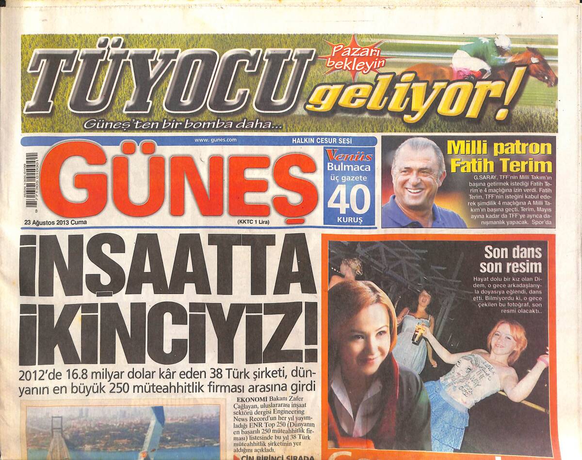 Güneş Gazetesi 23 Ağustos 2013 - Ali Sami Yen'den Çamlıca'ya - İran : Esad Deli Mi ? GZ135108 - 1