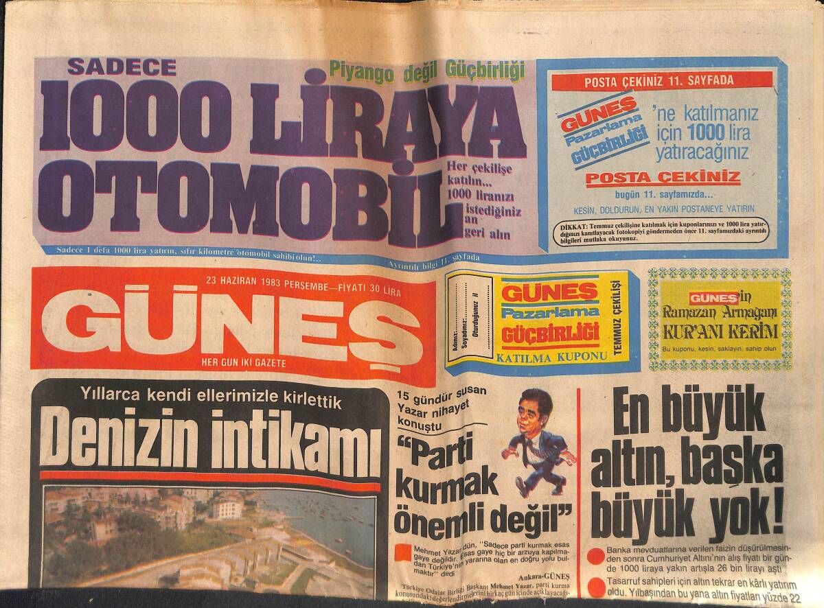 Güneş Gazetesi 23 Haziran 1983 - Evren Kissingeri Düşürdü - Festival Sanatçısının Yılda Kazandığını Kibariye Bir Gecede Kazanıyor GZ132767 - 1