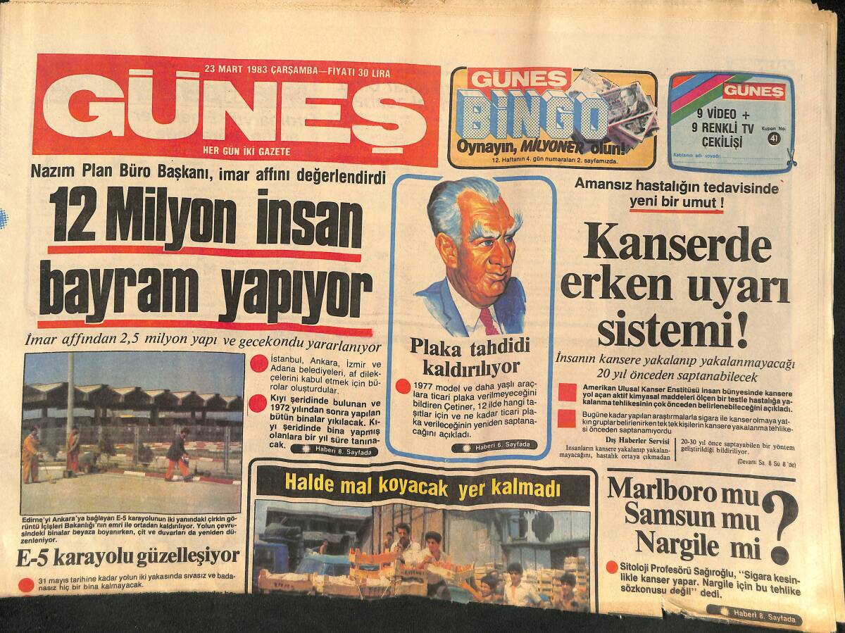 Güneş Gazetesi 23 Mart 1983 - Kanserde Erken Uyarı Sistemi ! - Anadolu'nun Sesi Yabancılar İçin Plağa Alındı GZ134213 - 1