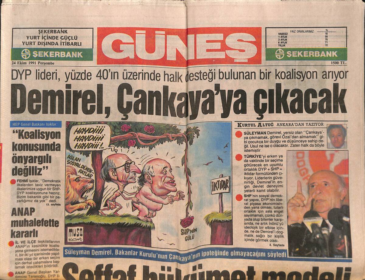 Güneş Gazetesi 24 Ekim 1991 - Demirel, Çankaya'ya Çıkacak - Trabzon, Fransa'da Coştu GZ151501 - 1