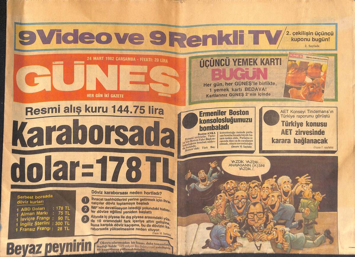 Güneş Gazetesi 24 Mart 1982 - Karaborsada Dolar 178 TL - Yener Durmuş Yugoslav'ı Perişan Etti GZ133128 - 1