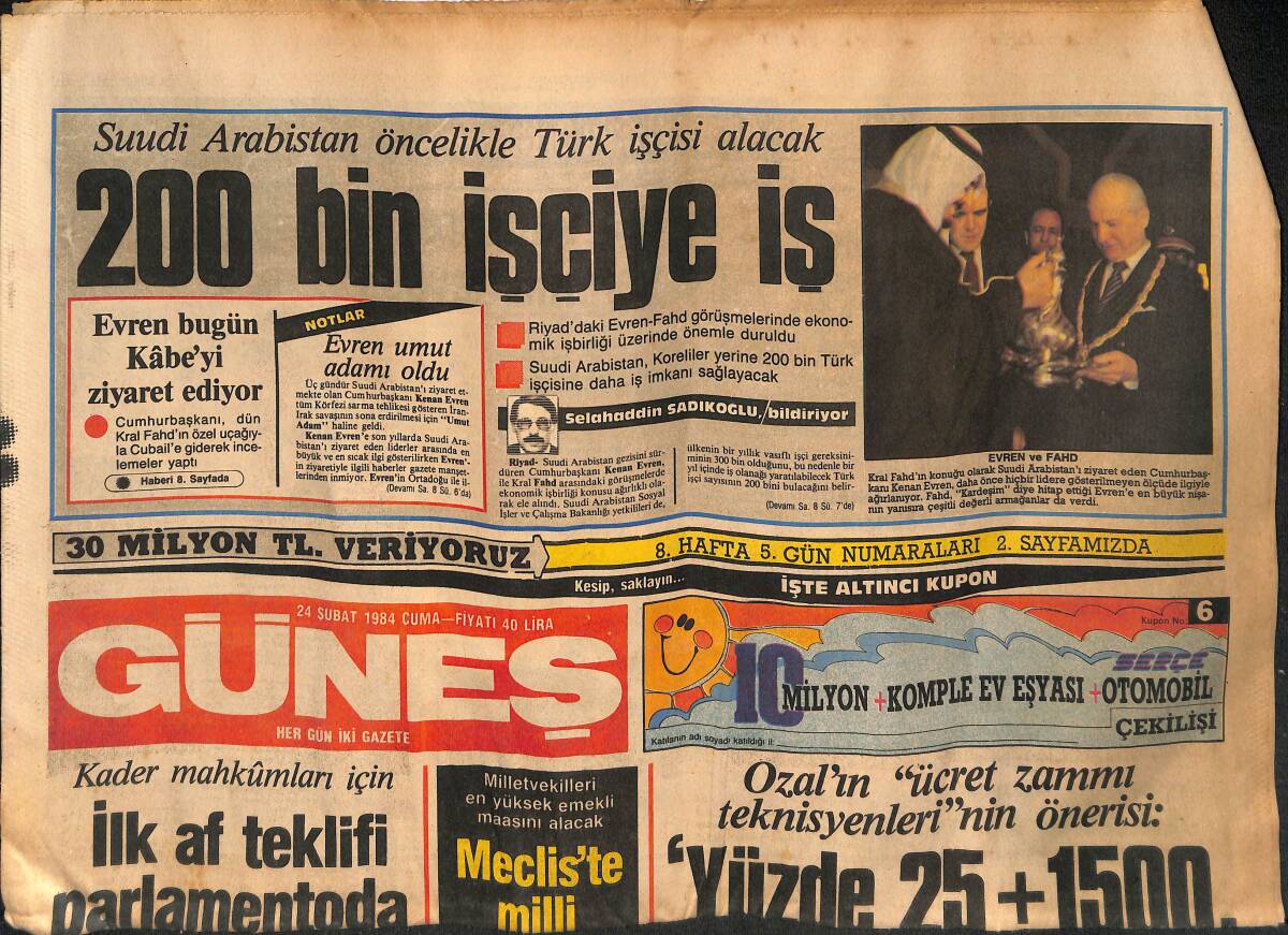 Güneş Gazetesi 24 Şubat 1984 - Kastelli'nin Bankada 3.5 Milyarı Var - Meclis'te Milli Koalisyon GZ134561 - 1