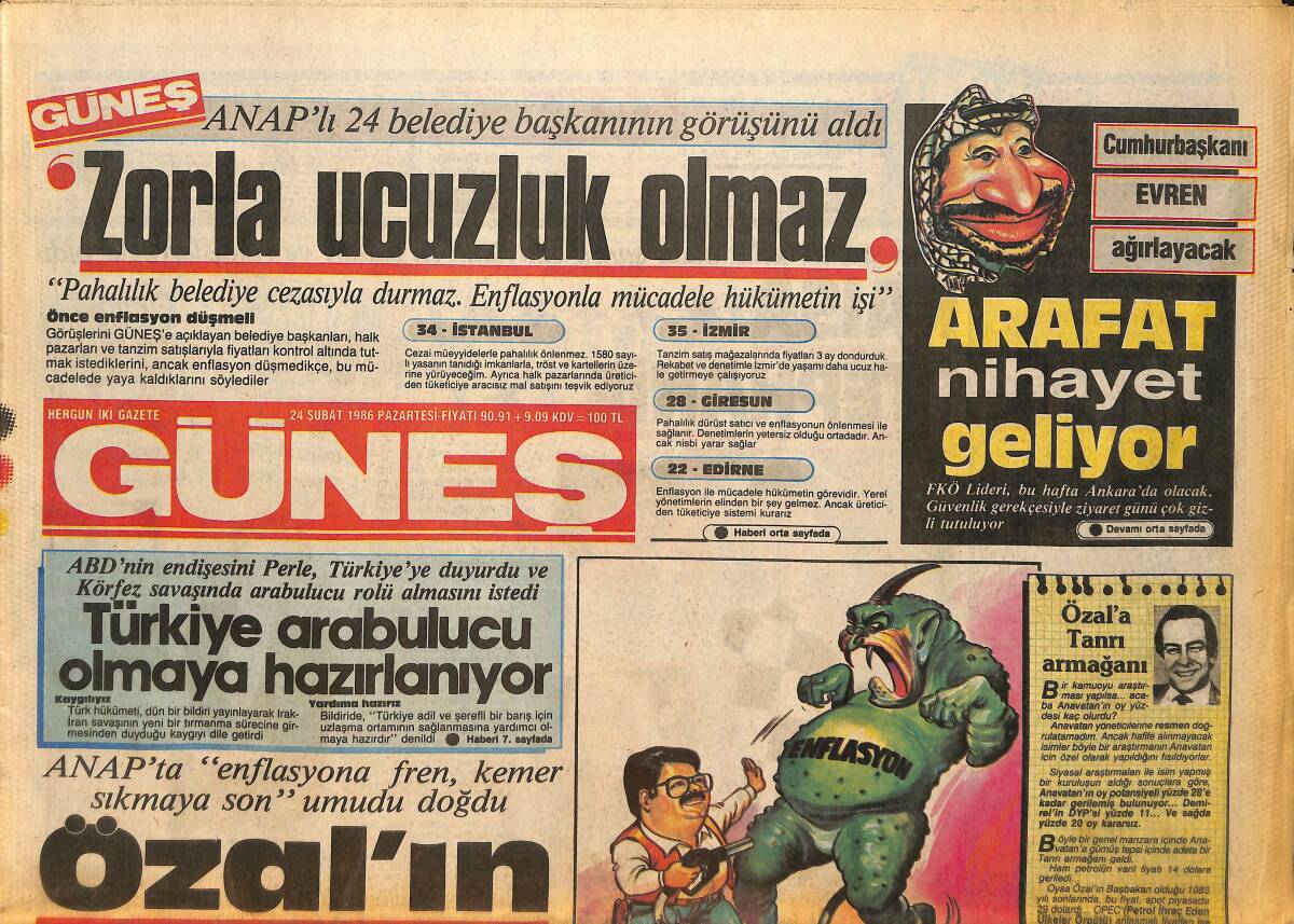 Güneş Gazetesi 24 Şubat 1986 - Cumhurbaşkanı Evren Emel Sayın'ı Dinledi - Hovarda G.Saray GZ157719 - 1