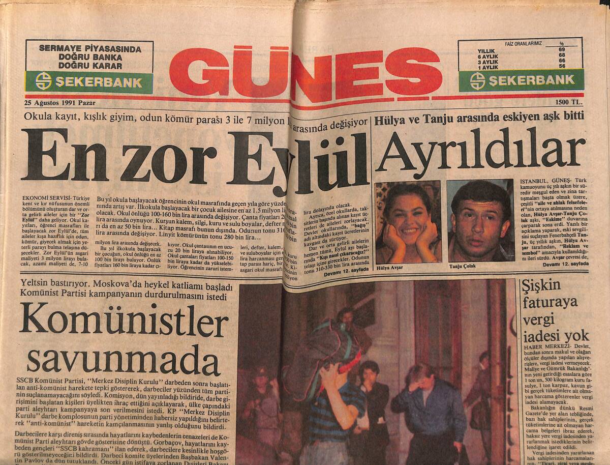 Güneş Gazetesi 25 Ağustos 1991 - Hülya Avşar Ve Tanju Arasında Eskiyen Aşk Bitti - Özal Erken Seçim Yarışında GZ151429 - 1