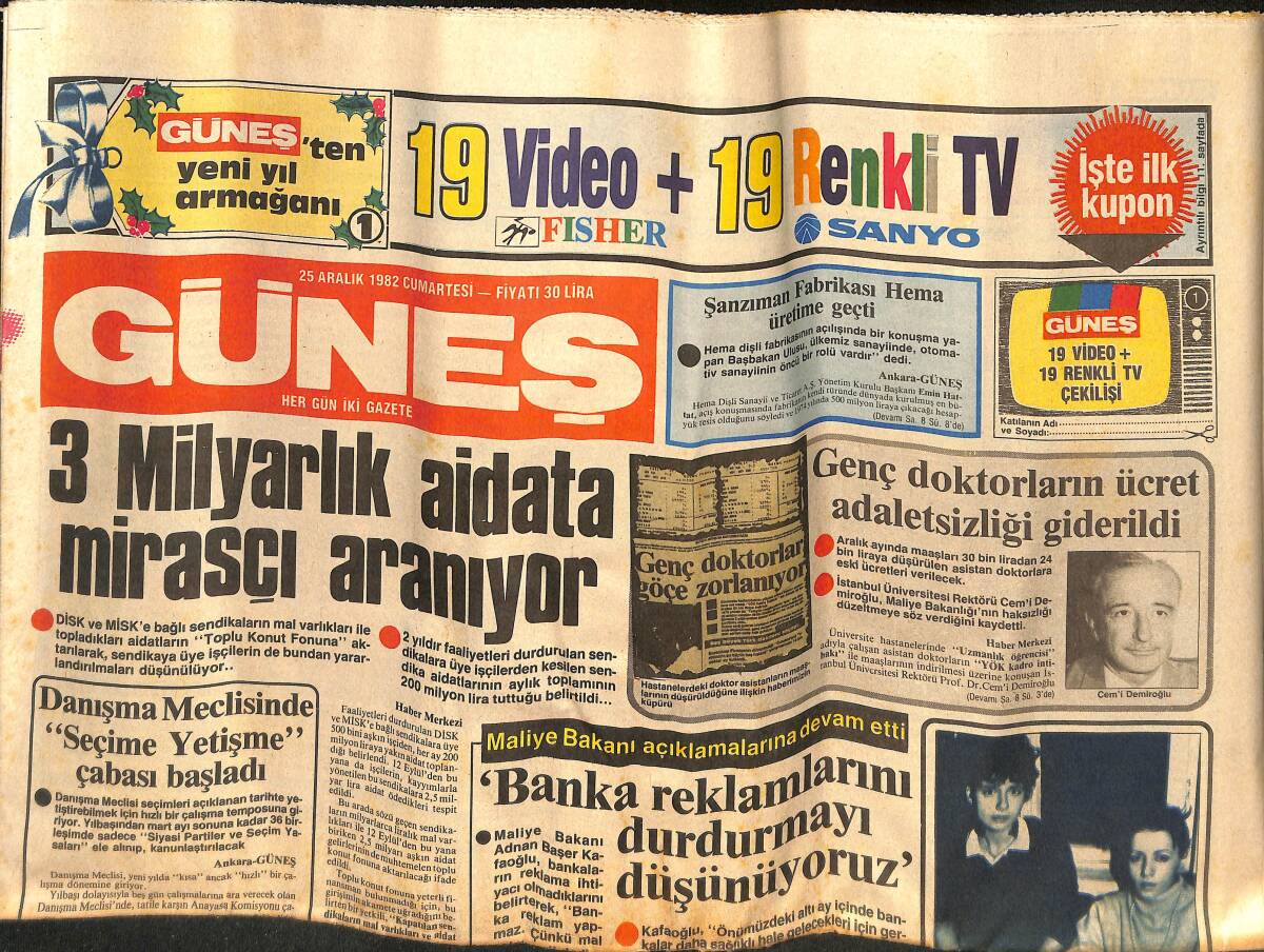 Güneş Gazetesi 25 Aralık 1982 - Ağca'yı Hapisten Kaçıran Örgüt, Papa'yı Vur Emri Verdi - Romalı Perihan Bu Akşam Sahnede GZ133904 - 1