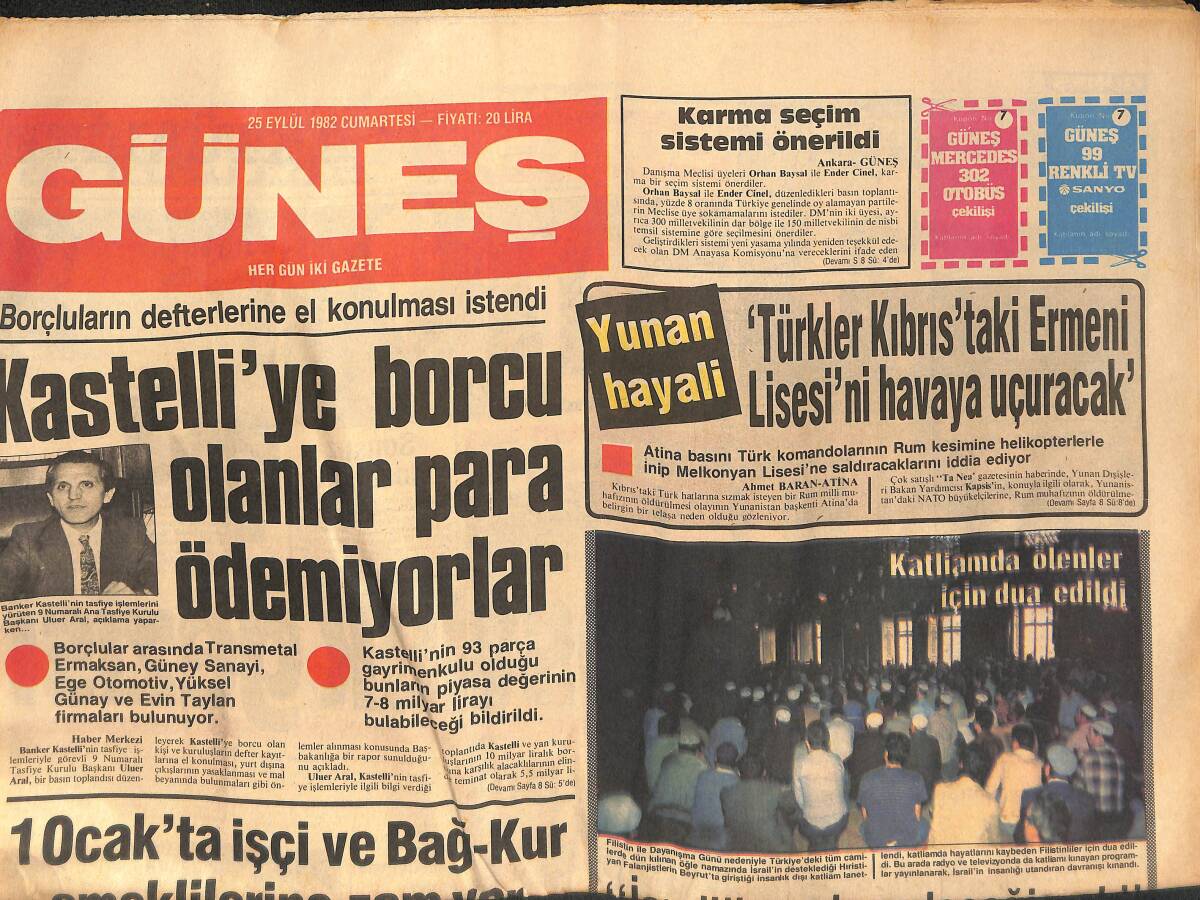 Güneş Gazetesi 25 Eylül 1982 - Kastelli'ye Borcu Olanlar Para Ödemiyor - Anayasa Eleştiriliyor - İsrail'in Yola Geleceği Yok GZ133535 - 1