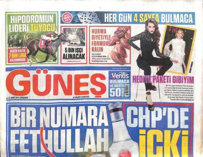 Güneş Gazetesi 25 Mart 2015 - Bir Numara Fethullah, CHPde İçki Yasağı GZ107109 - 1