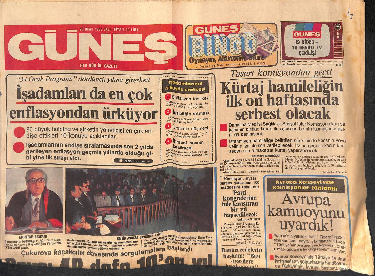 Güneş Gazetesi 25 Ocak 1983 - Şişli'de Bir Çorap Fabrikası Yanarak Çöktü - İşadamları da En Çok Enflasyondan Ürküyor GZ134444 - 1