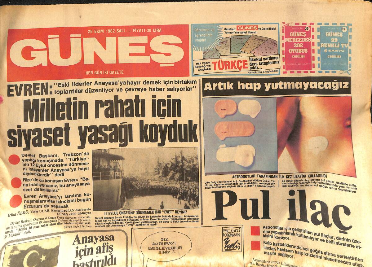 Güneş Gazetesi 26 Ekim 1982 - Evren : Milletin Rahatlığı İçin Siyaset Yasası Koyduk - Nazan Şoray'ın Yeni Saç Sitili GZ133416 - 1