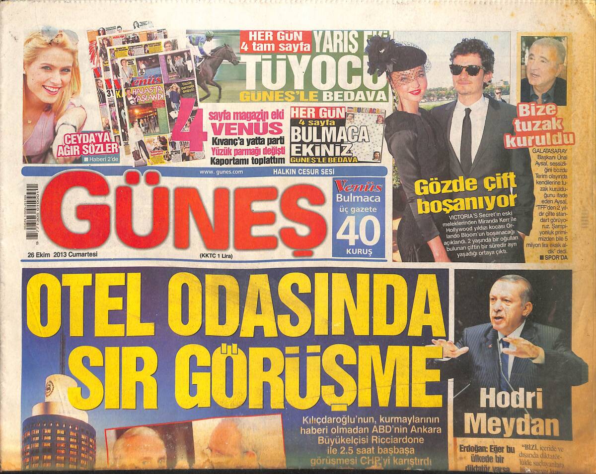 Güneş Gazetesi 26 Ekim 2013 - Bodrum'daki Yatlara Yunan Tacizi - Erdoğan 