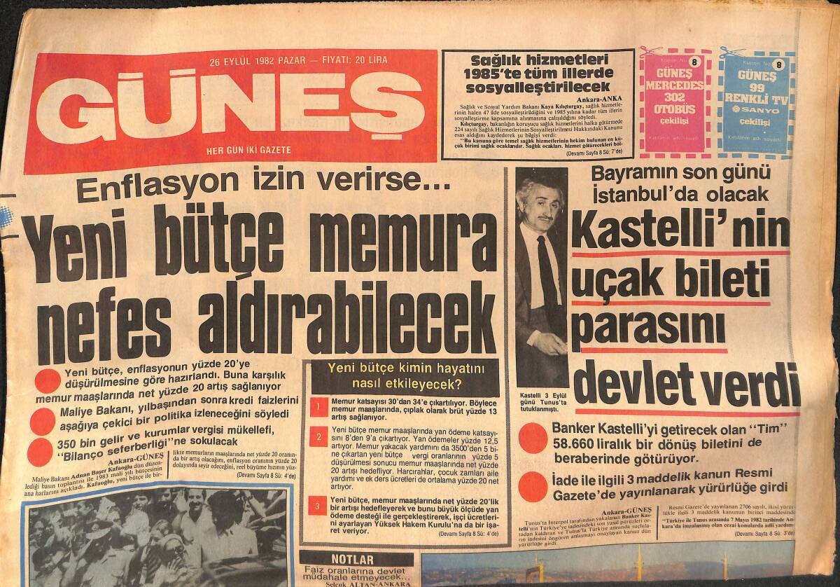 Güneş Gazetesi 26 Eylül 1982 - Kastelli Bayramın Son Günü İstanbul'da Olacak - Amerika'da Bir Kişinin Açtığı Ateş Sonrasında 12 Kişi Öldü GZ132364 - 1