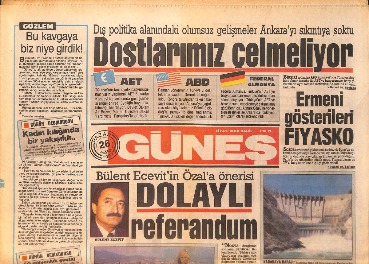 Güneş Gazetesi 26 Nisan 1987 - Bülent Ecevit'in Özal'a Önerisi 