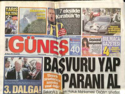 Güneş Gazetesi 26 Nisan 2012 - Elektrik Şirketlerinin Kesintisi Yasal Değil GZ107498 - 1