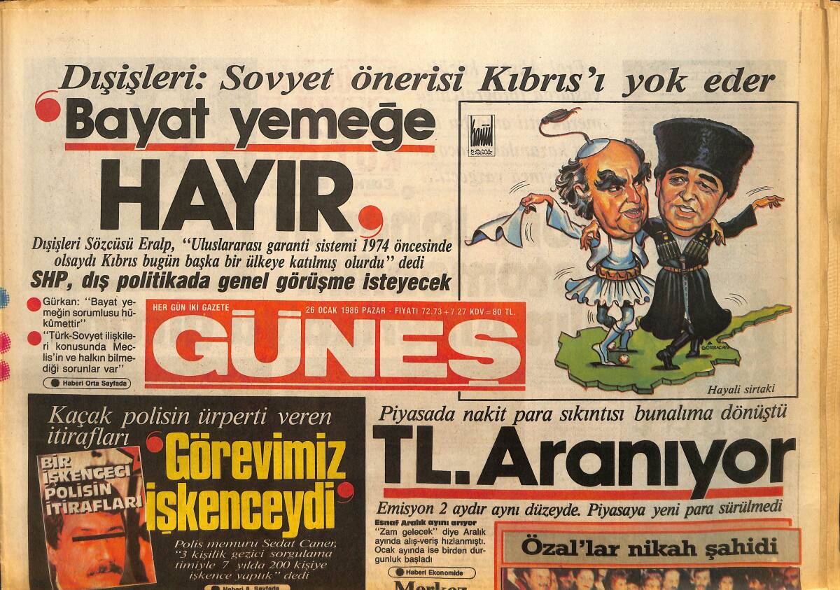 Güneş Gazetesi 26 Ocak 1986 - Sahnede Emel Sayın Muazzez Abacı Zirvesi - Atasoy'a Görkemli Düğün GZ157720 - 1