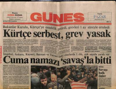 Güneş Gazetesi 26 Ocak 1991 - Bakanlar KuruluKürtçe Serbest,Grev Yasak GZ61630 - 2
