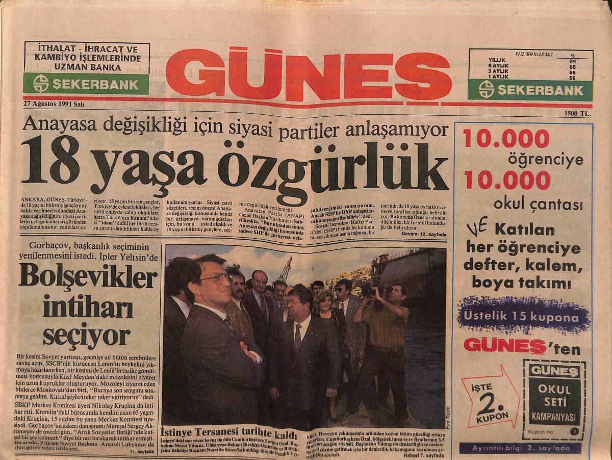 Güneş Gazetesi 27 Ağustos 1991 - Yugoslav İç Savaşı Kontrolden Çıktı - Türk Müteahhitler İran'da Çekişiyor GZ149217 - 1