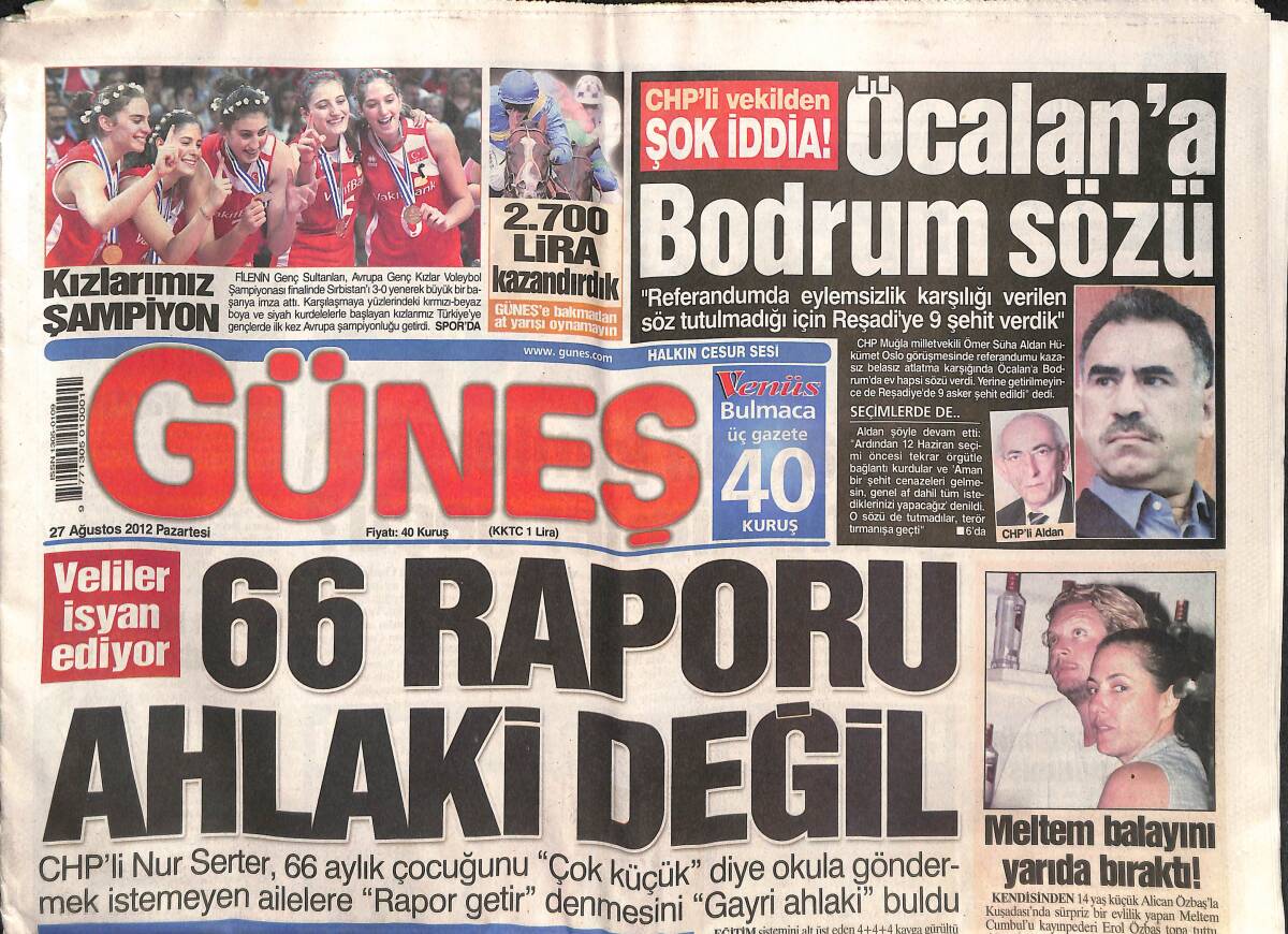 Güneş Gazetesi 27 Ağustos 2012 - Öcalan'a Bodrum Sözü - Filenin Genç Sultanları Şampiyon - Romalı Güzel Taksiciye Tecavüz Etti GZ137750 - 1