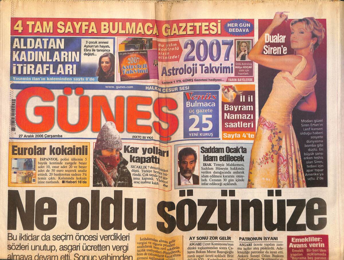 Güneş Gazetesi 27 Aralık 2006 - Saddam Ocak'ta İdam Edilecek - Fidel Castro Kanser Değil ! GZ157822 - 1
