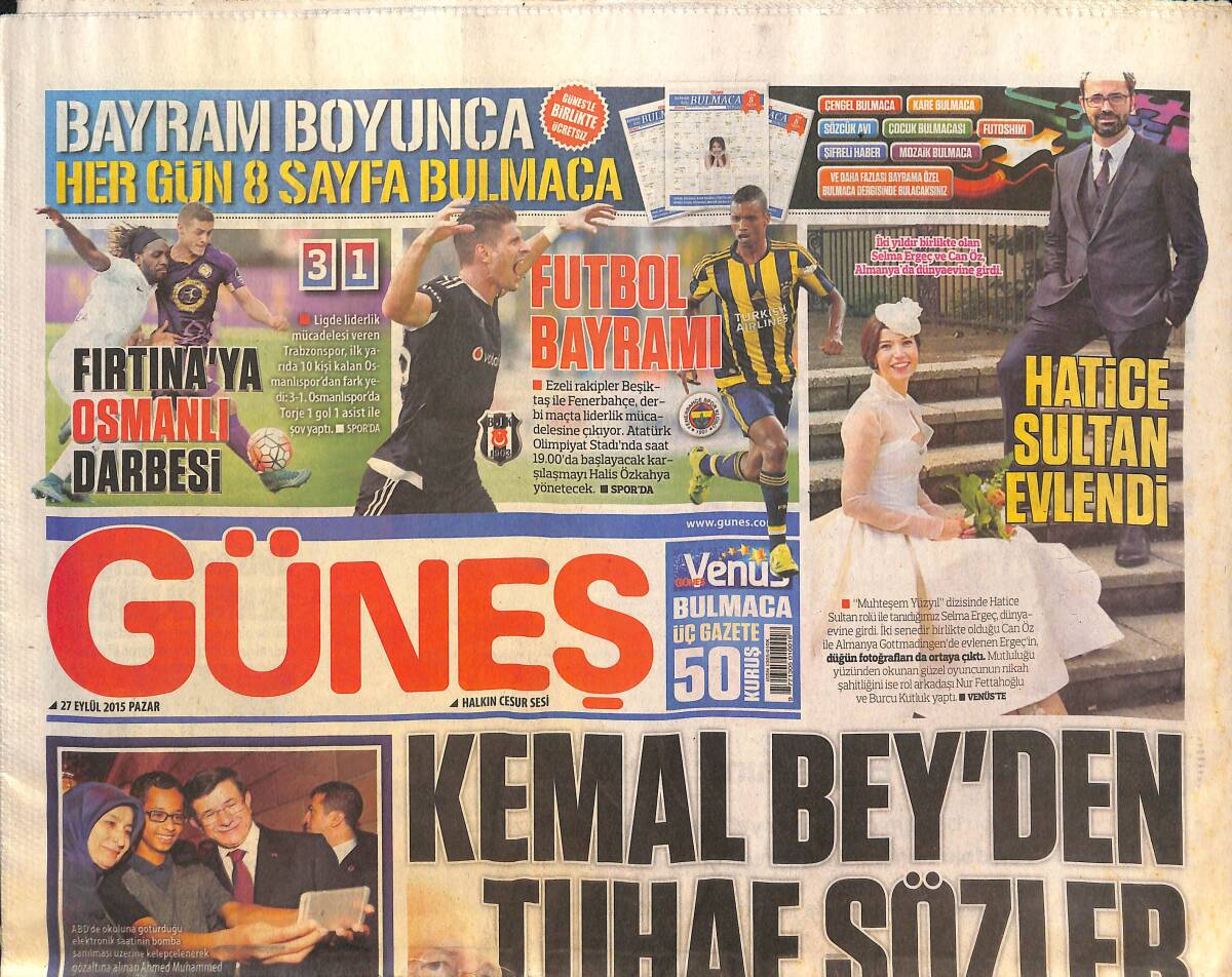 Güneş Gazetesi 27 Eylül 2015 - Selma Ergeç Ve Can Öz Almanya'da Dünyaevine Girdi - Kemal Kılıçdaroğlu'ndan Tuhaf Sözler GZ135724 - 1