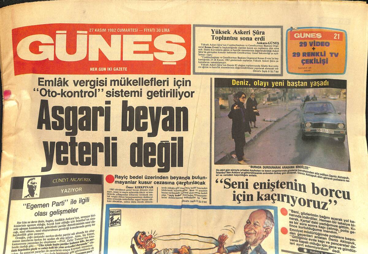 Güneş Gazetesi 27 Kasım 1982 - Asgari Beyan Yeterli Değil - Kartalı İstanbul'da Vuracağız GZ133512 - 1