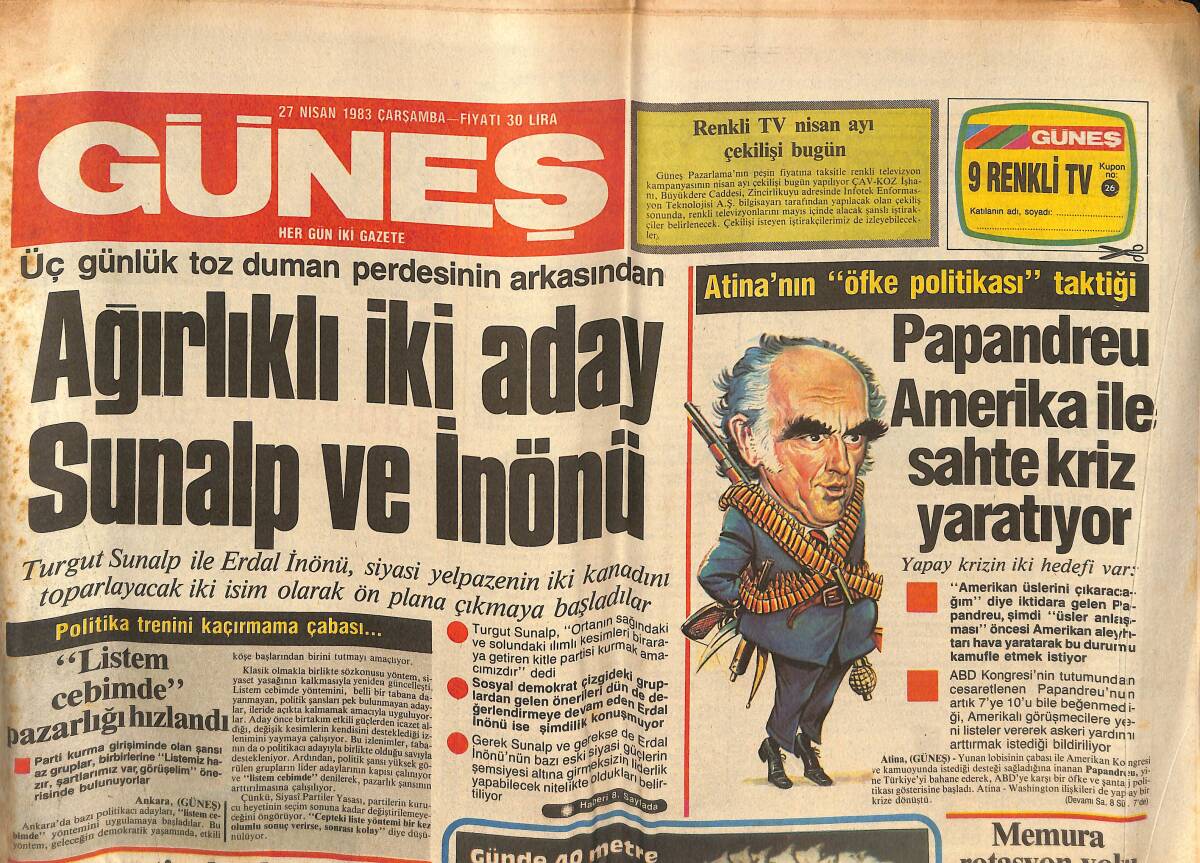 Güneş Gazetesi 27 Nisan 1983 - Yabancı Sigara Üretimine 25 Firma Talip Oldu - Ağırlıklı İki Aday Sunalp Ve İnönü GZ134640 - 1
