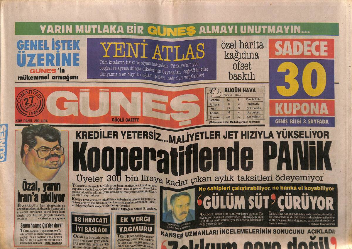 Güneş Gazetesi 27 Şubat 1988 - Özal , Yarın İran'a Gidiyor - Naim Süleymanoğlu'nun Düğümünü Çözenler GZ149209 - 1