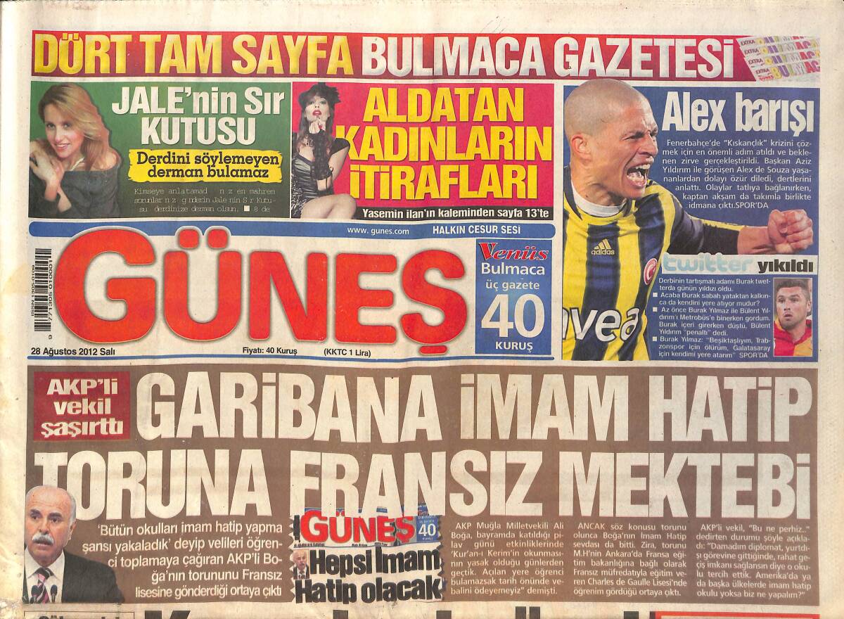 Güneş Gazetesi 28 Ağustos 2012 - Fenerbahçe'de Alex Krizi - Gülben Ergen, Yeni Yaşına Yeni İmajıyla Girdi GZ158009 - 1
