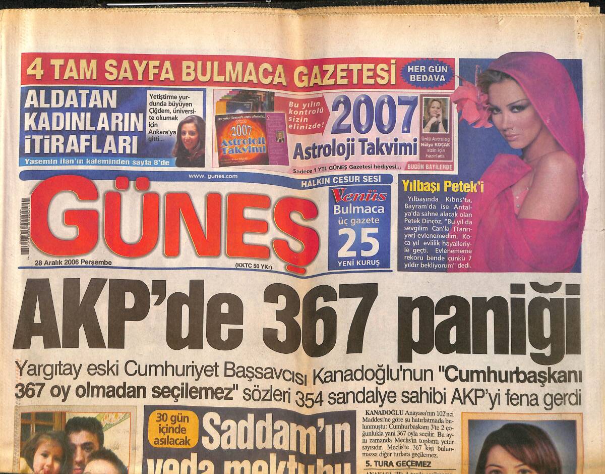Güneş Gazetesi 28 Aralık 2006 - Saddam'ın Veda Mektubu - Mahsun Kırmızıgül Yalı Satın Aldı GZ157823 - 1