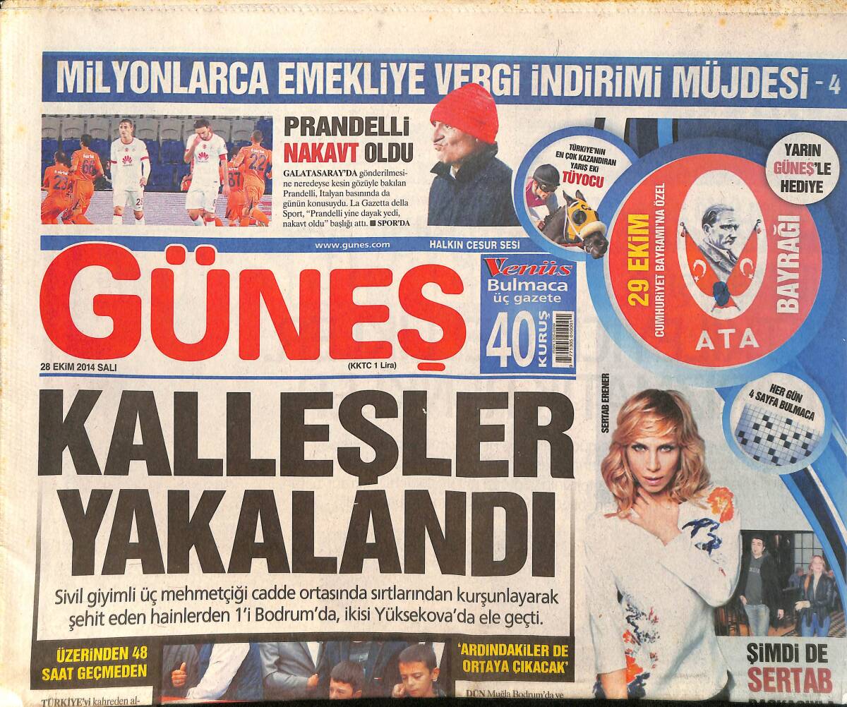 Güneş Gazetesi 28 Ekim 2014 - 5 Konsolosluğa Gönderilen Zarflardan Çıkan Sarı Toz Temiz Çıktı - Galatasaray'da Prandelli Nakavt Oldu GZ159029 - 1