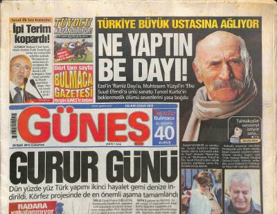 Güneş Gazetesi 28 Eylül 2013 - Tuncel Kurtizin Ölümü Yasa Boğdu GZ107723 - 1