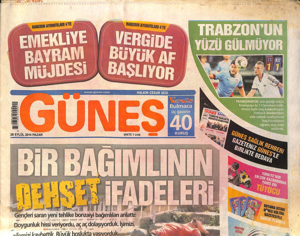 Güneş Gazetesi 28 Eylül 2014 - Trabzonspor'un Yüzü Gülmüyor - Başbakan Davutoğlu, Neşet Ertaş'ın Mezarında Dua Etti GZ159042 - 1