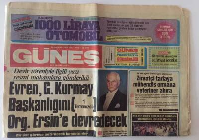 Güneş Gazetesi 28 Haziran 1983 - Evren , G. Kurmay Başkanlığını 1 Temmuzda Org. Ersine Devredecek GZ13261 - 1