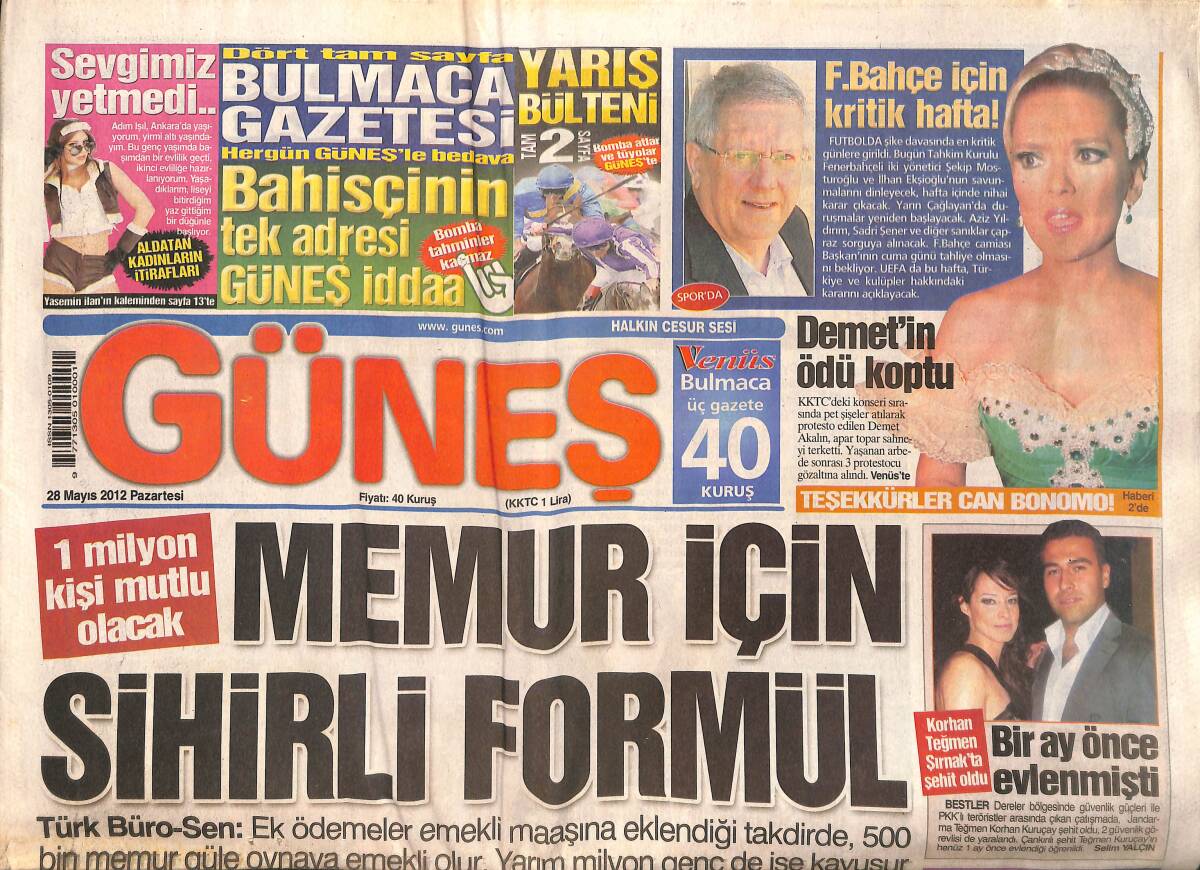 Güneş Gazetesi 28 Mayıs 2012 - Fenerbahçe İçin Kritik Hafta - Haluk Bilginer Ayrıldığı Eşi Aşkın Nur Yengi Hakkında Konuştu GZ158420 - 1