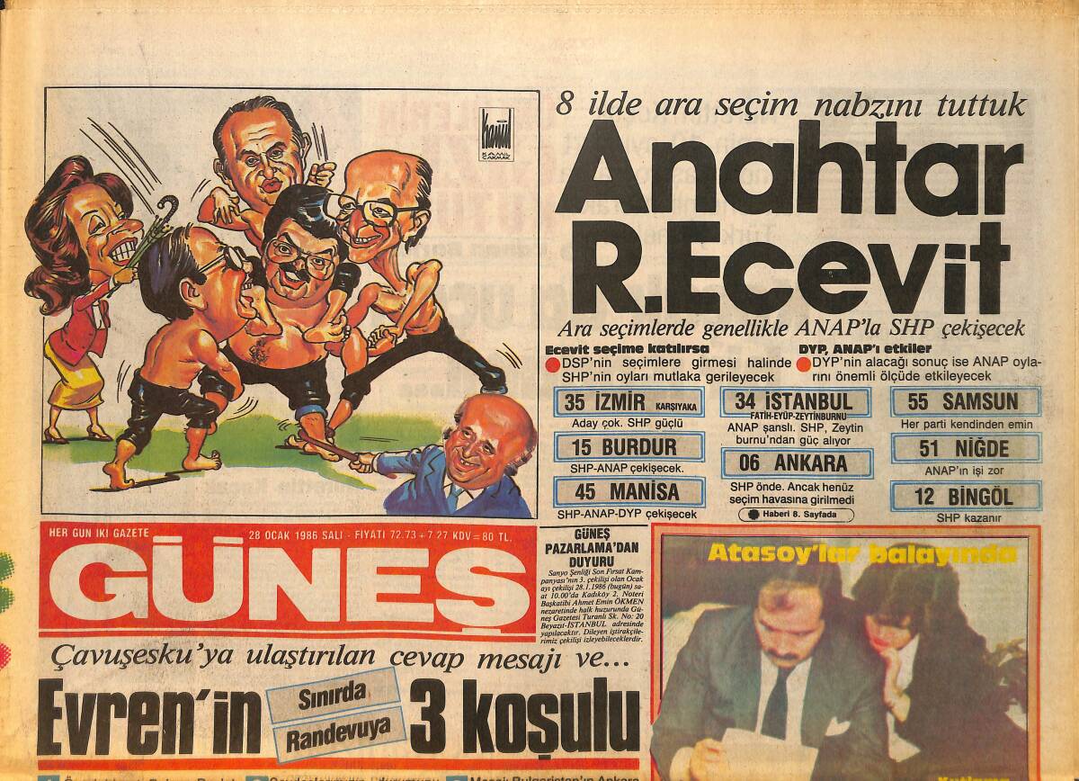 Güneş Gazetesi 28 Ocak 1986 - Özal OECD Başkanı - Anahtar R. Ecevit GZ157757 - 1